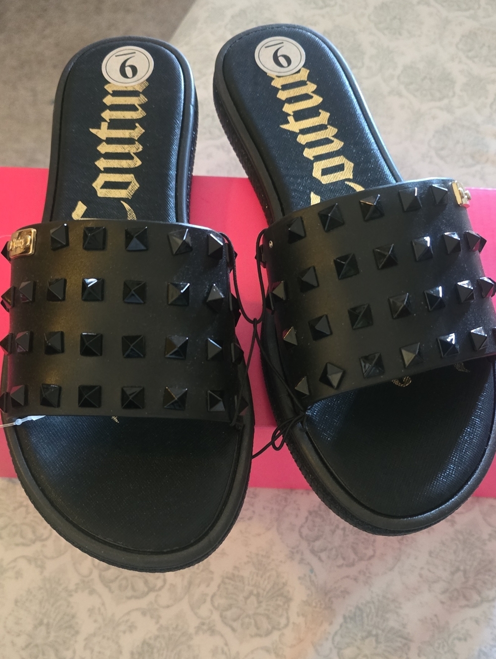 Juicy Couture Black Studded Slide Sandals with Gold Logo